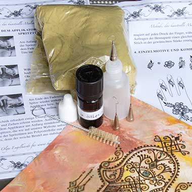 Henna-Applikator-Kit 5 mit 1 Applikator, 3 Stahllochtüllen, 1 Tropfflasche (5 ml) mit  ätherischen Ölen und 100 g BIO-Henna-Pulver